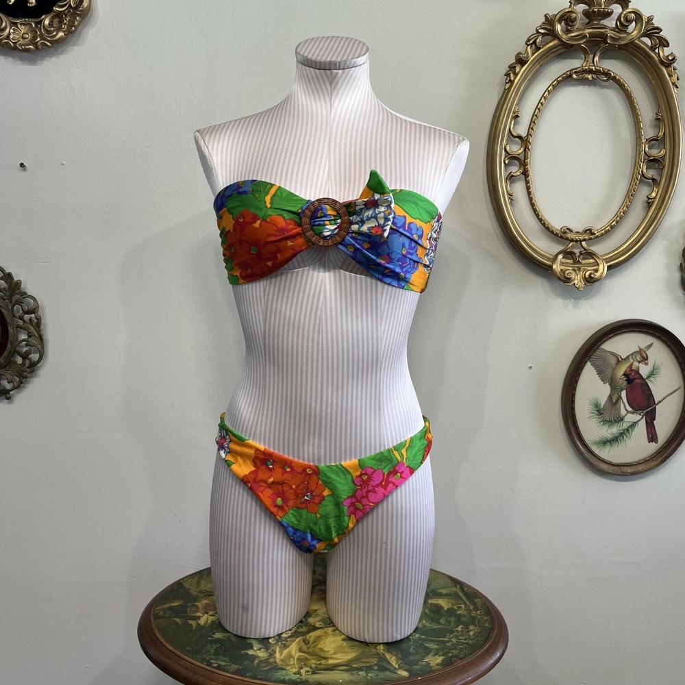 Zimmermann Multicolor Floral Bandeau Bikini — Green, Orange, Blue, Pink